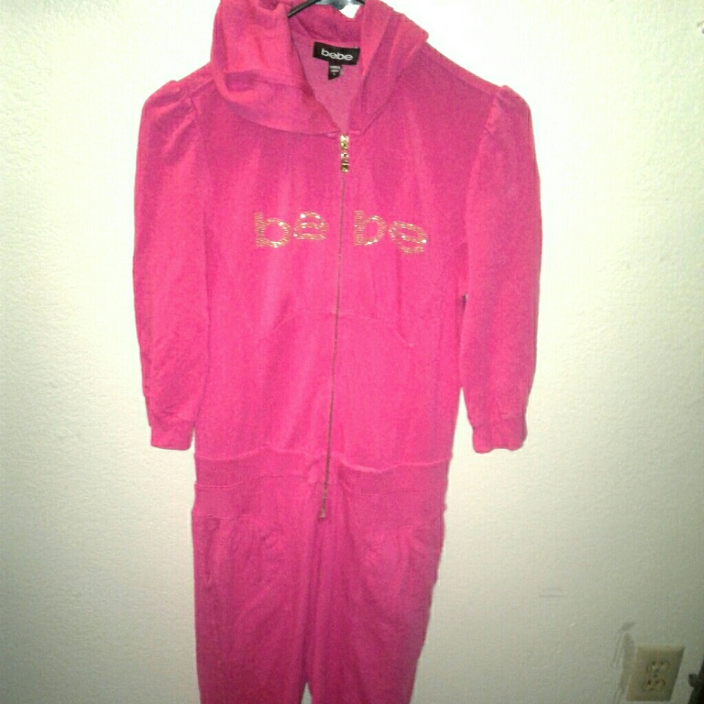 BEBE one piece hooded jumpsuit with zippered front